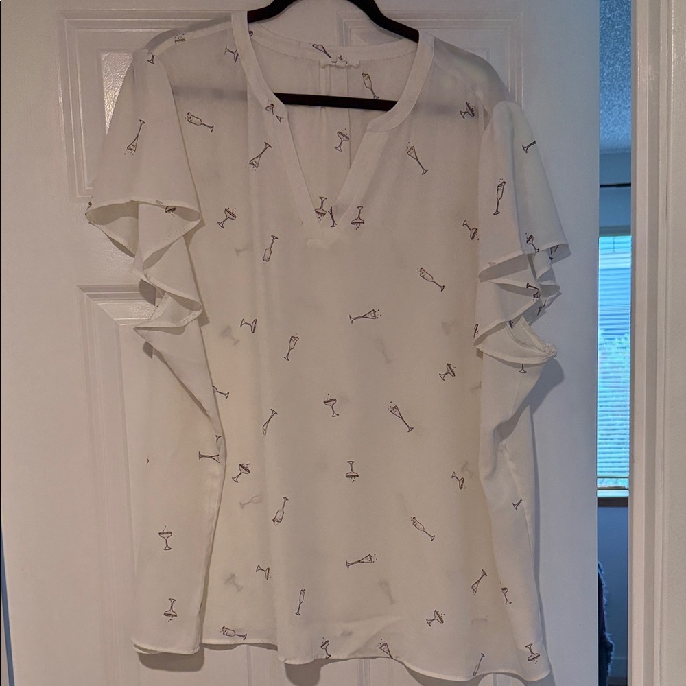 White Ruffle Sleeve Top with Pattern
